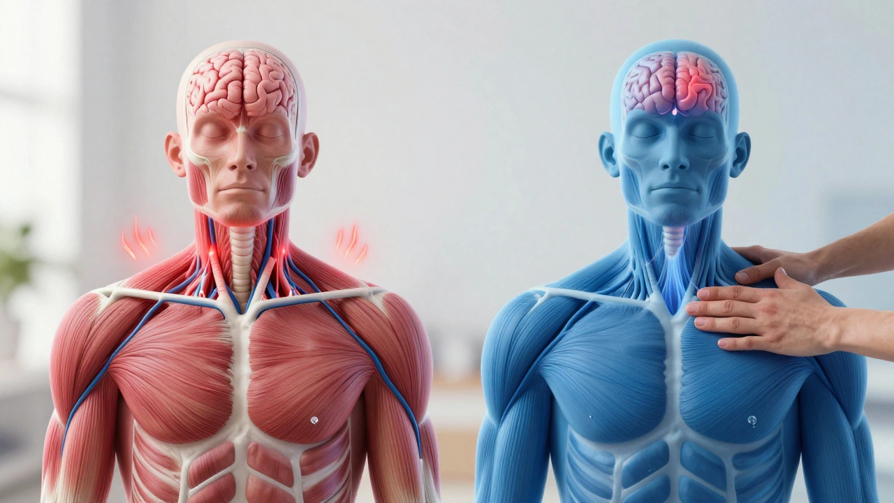 A scientific illustration comparing tense and relaxed nervous systems with color-coded stress and calm signals.
