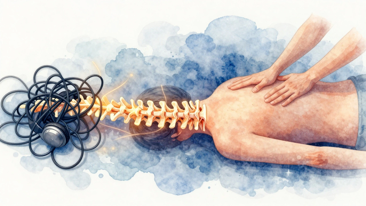 A symbolic illustration of stress as a tangled cord transforming into relaxed muscles under hands.