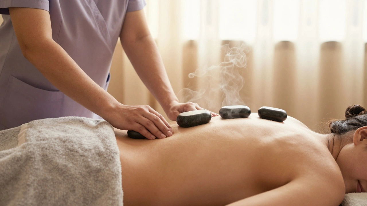 A therapist uses warm stones along a client's spine during a hot stone massage, with steam rising and the client relaxed in sleep.