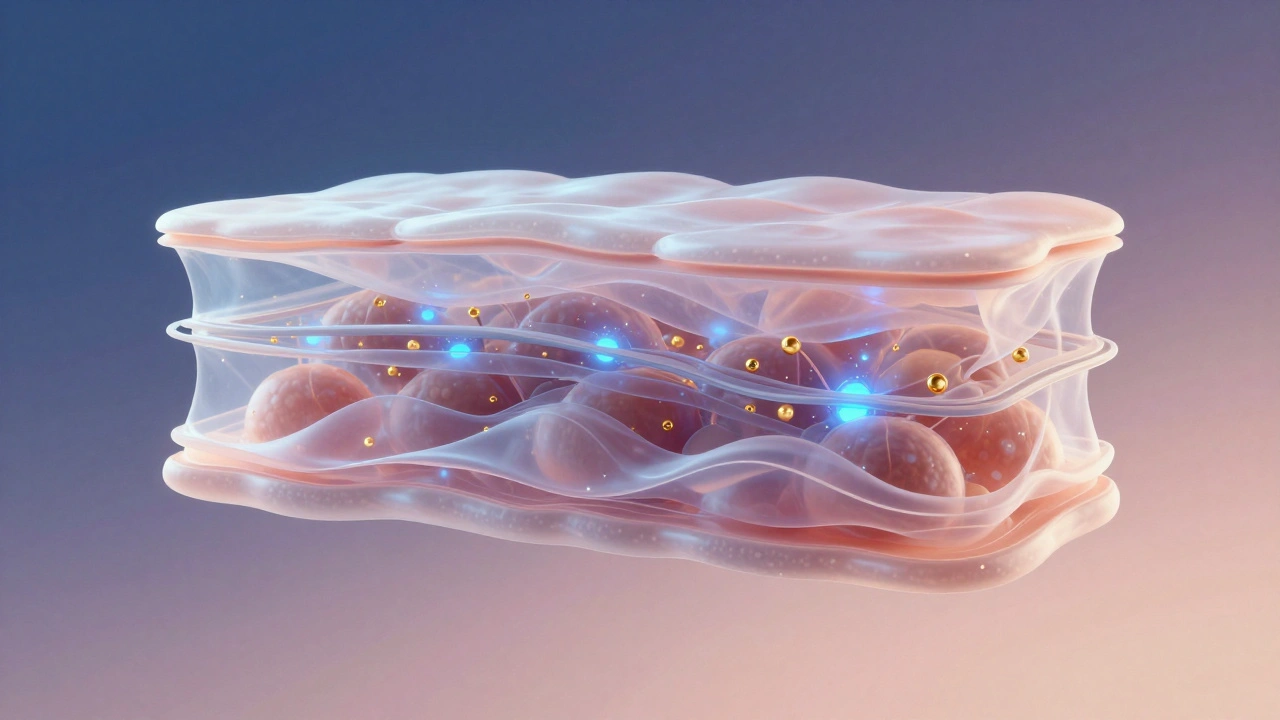 Abstract art of glowing nutrients penetrating multi-layered skin structures.