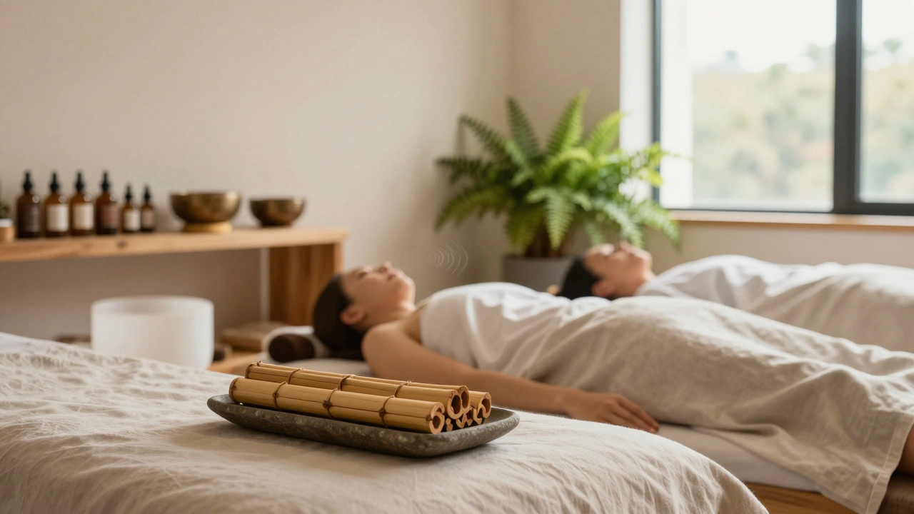 An earthy massage studio with bamboo sticks, singing bowls, and natural light, where partners relax together peacefully.