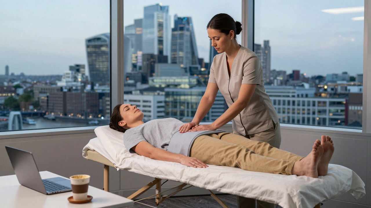 An outcall massage therapist setting up a portable table for a client in a London office at dusk, with skyline views through the window.