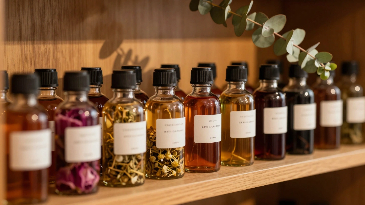 Apothecary shelf with colorful botanical extract bottles and fresh leaves.