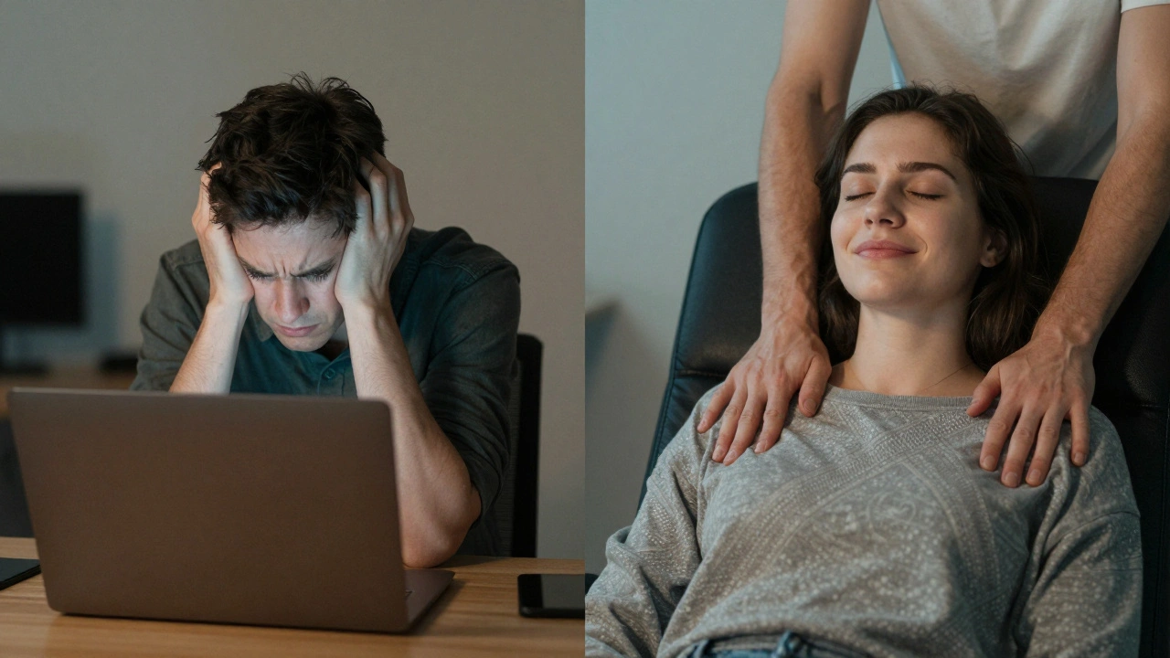 Before and after: a person transitioning from stressed office posture to relaxed, calm state after an Indian head massage.