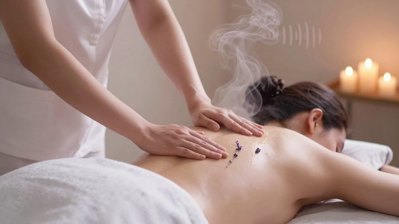 Client relaxing during a Swedish massage with soft lighting and lavender scent in a serene spa.