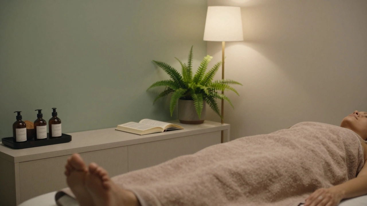 Client resting peacefully on a heated table in a minimalist massage room with soft lighting and a quiet reading corner.