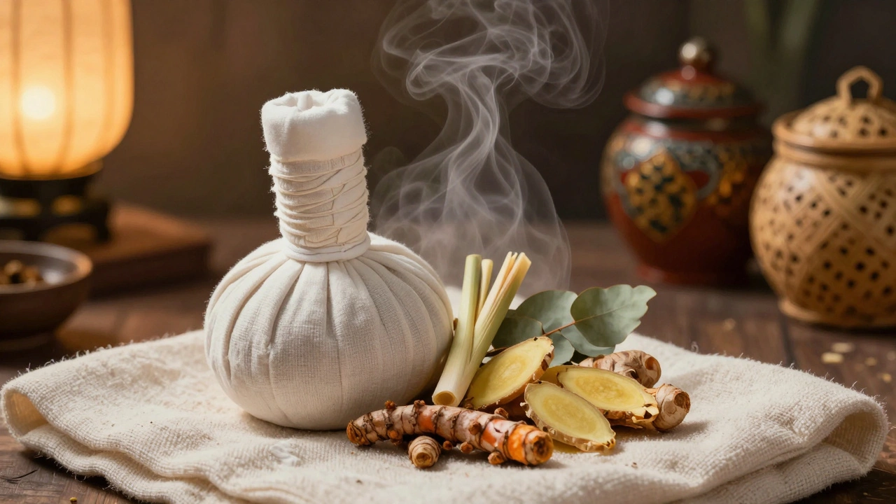 Close-up of a steaming Thai herbal compress filled with turmeric, lemongrass, and ginger.