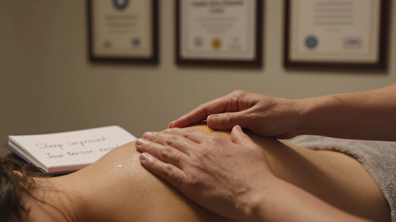 Close-up of hands performing myofascial release with warm stones and essential oil, framed by therapy credentials and a journal.