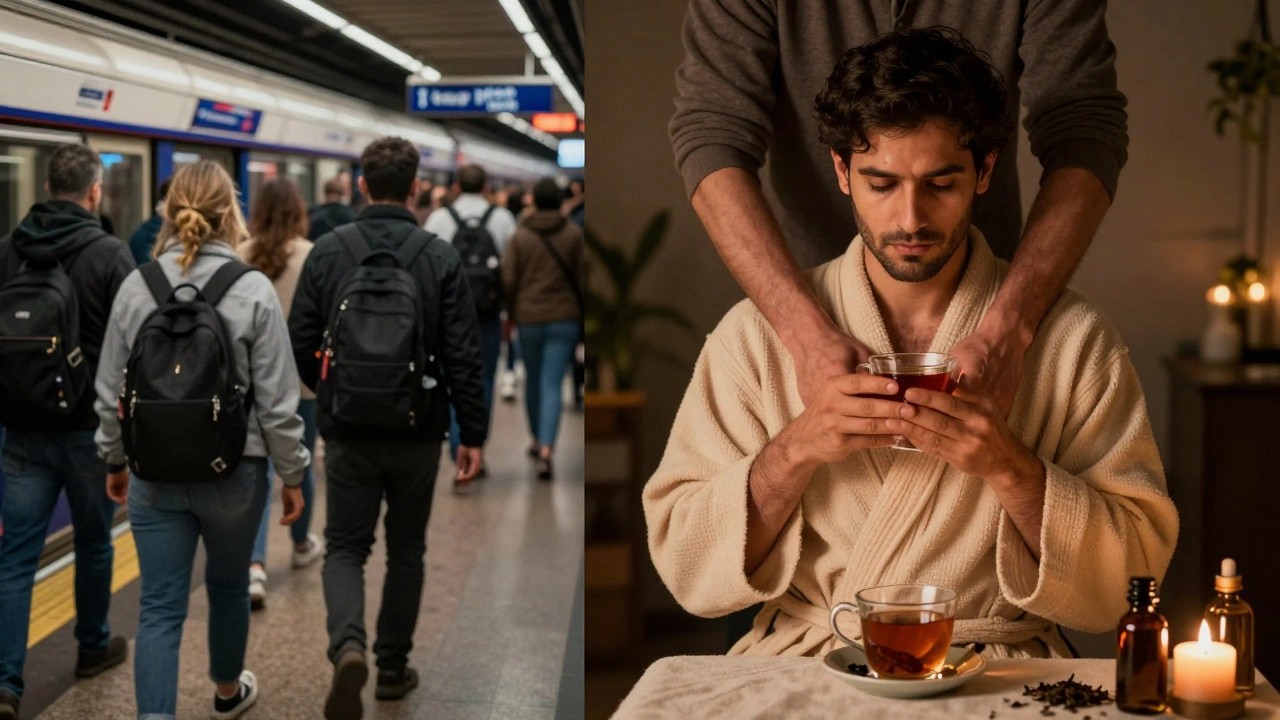 Contrast of a stressed London commuter versus a relaxed person after an Ayurvedic massage session.