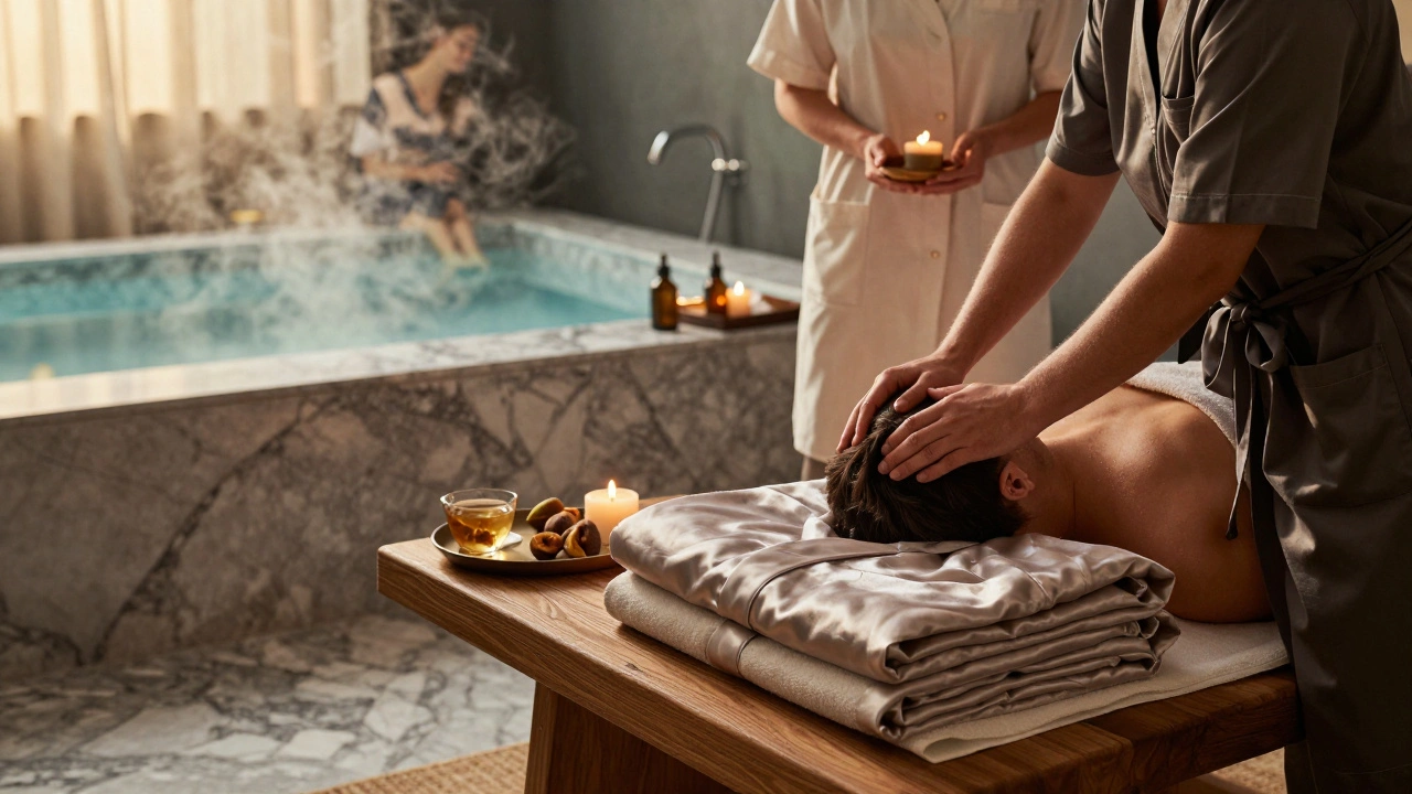 Couples massage at a luxury London spa with marble floors, steam from a plunge pool, and therapists using warm oils.