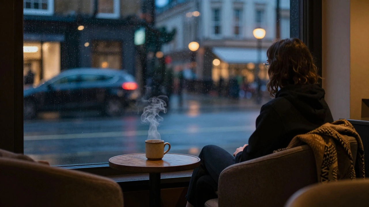 Cozy lounge chair facing rainy city window at night.