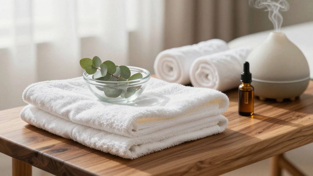 Crisp towels and essential oils arranged on a clean massage table.