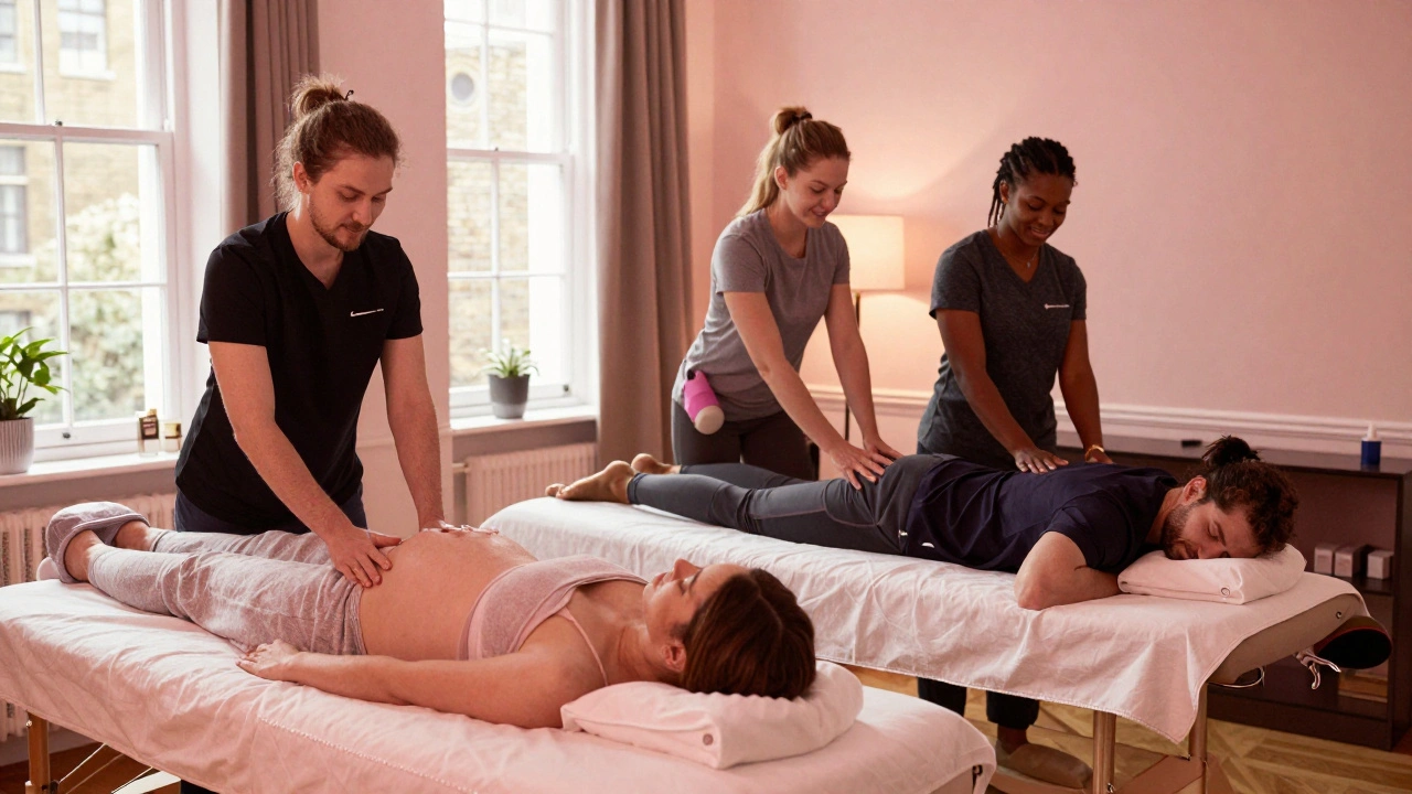 Diverse Londoners receiving customized outcall massages at home — prenatal, Thai, and couples sessions with professional therapists.