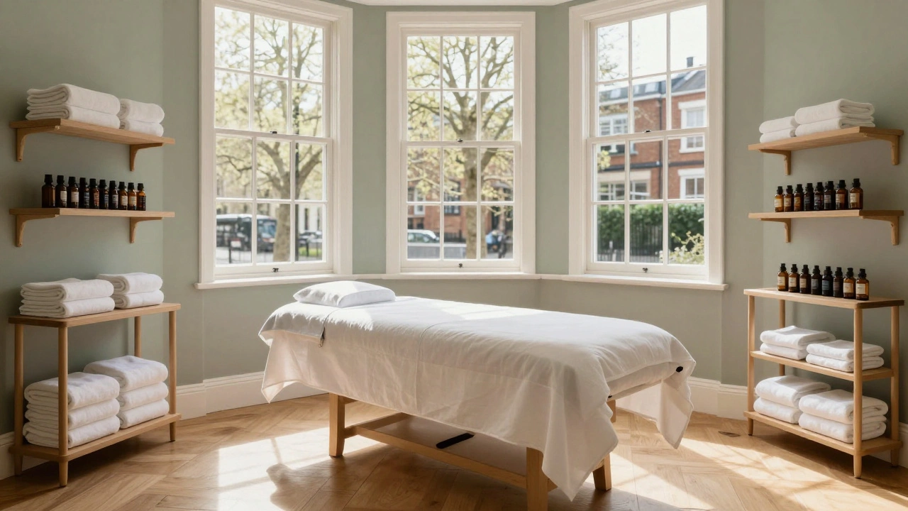 Empty wellness clinic room with sunlight and towels.