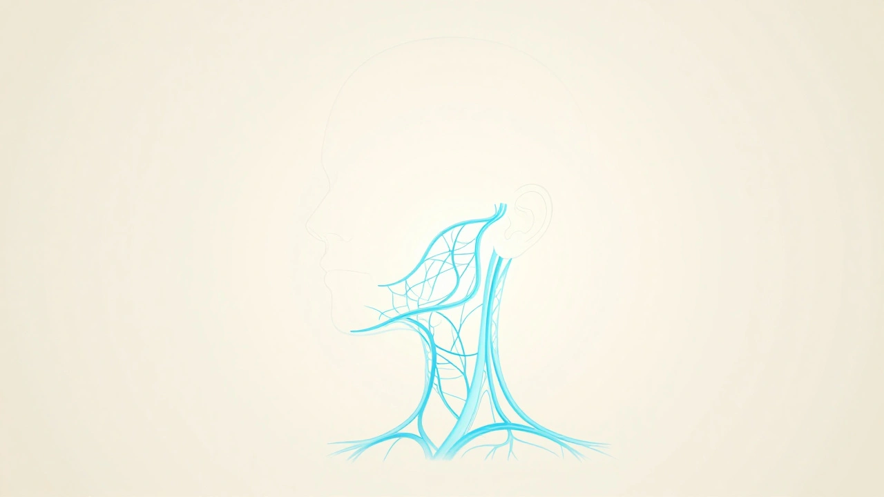 Glowing blue lines illustrating the natural flow of lymph fluid from the face to the collarbone.