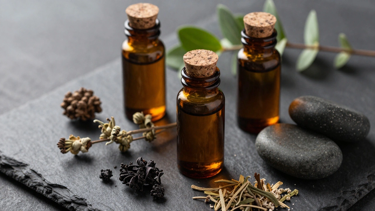 Healing stones and amber oil bottles on dark slate surface.