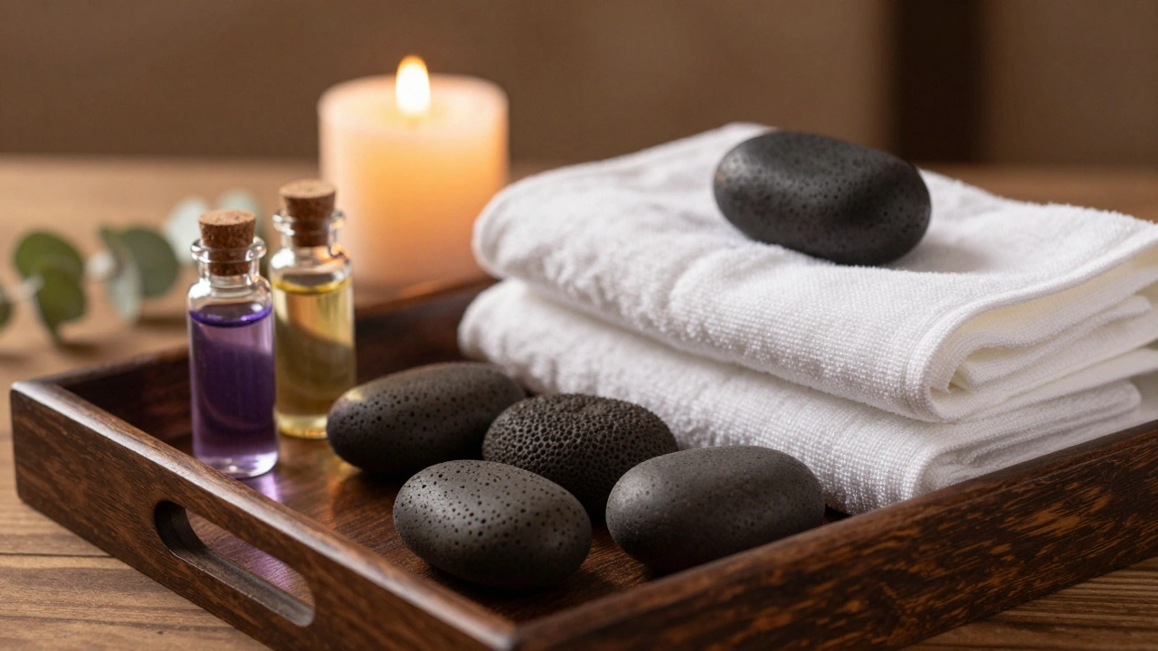 Heated volcanic stones and essential oils on a wooden tray.