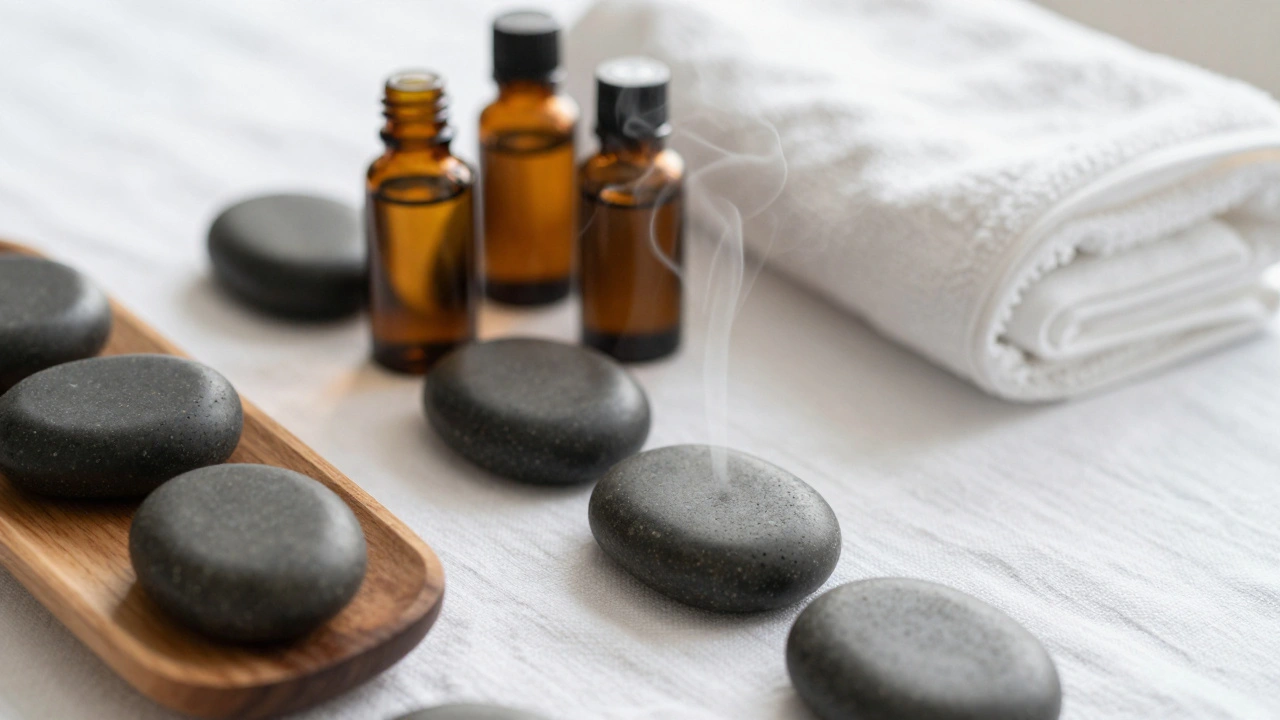 Hot stones and oils on clean white towels