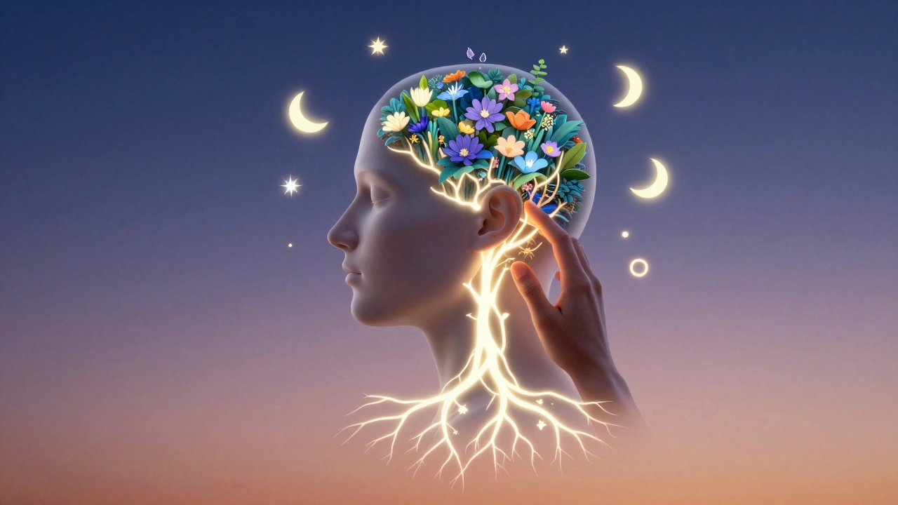 Human head depicted as a glowing garden with roots revitalized by massage, symbolizing nervous system renewal.