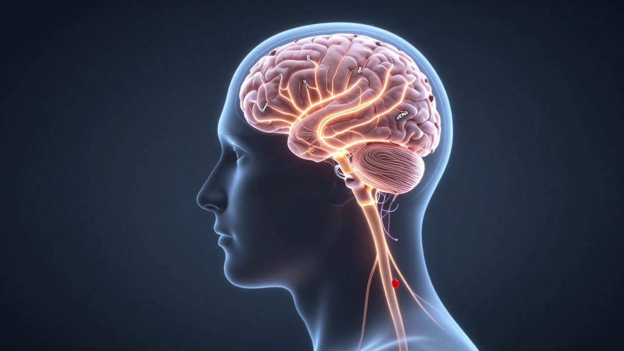 Human head with glowing neural pathways releasing calming signals to the brain.