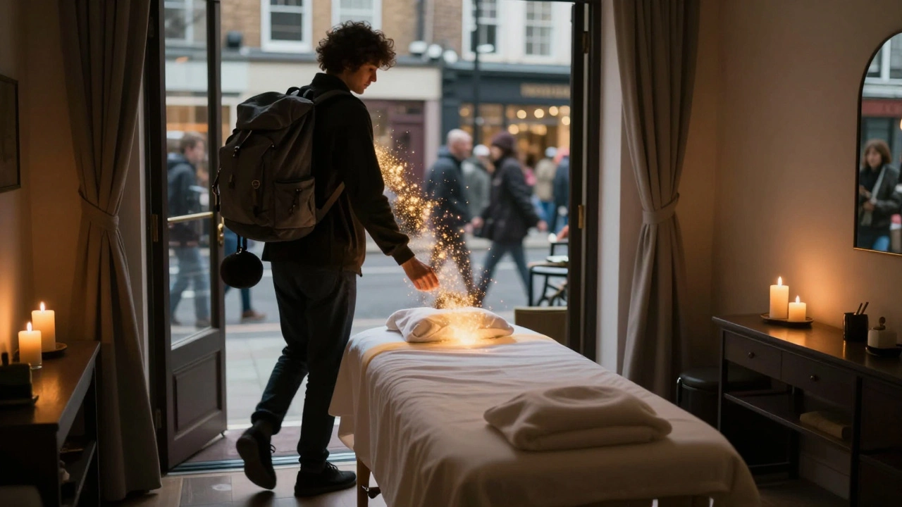 Person stepping from a busy London street into a serene massage room, shedding heavy weights that turn to golden light as they move toward calm.