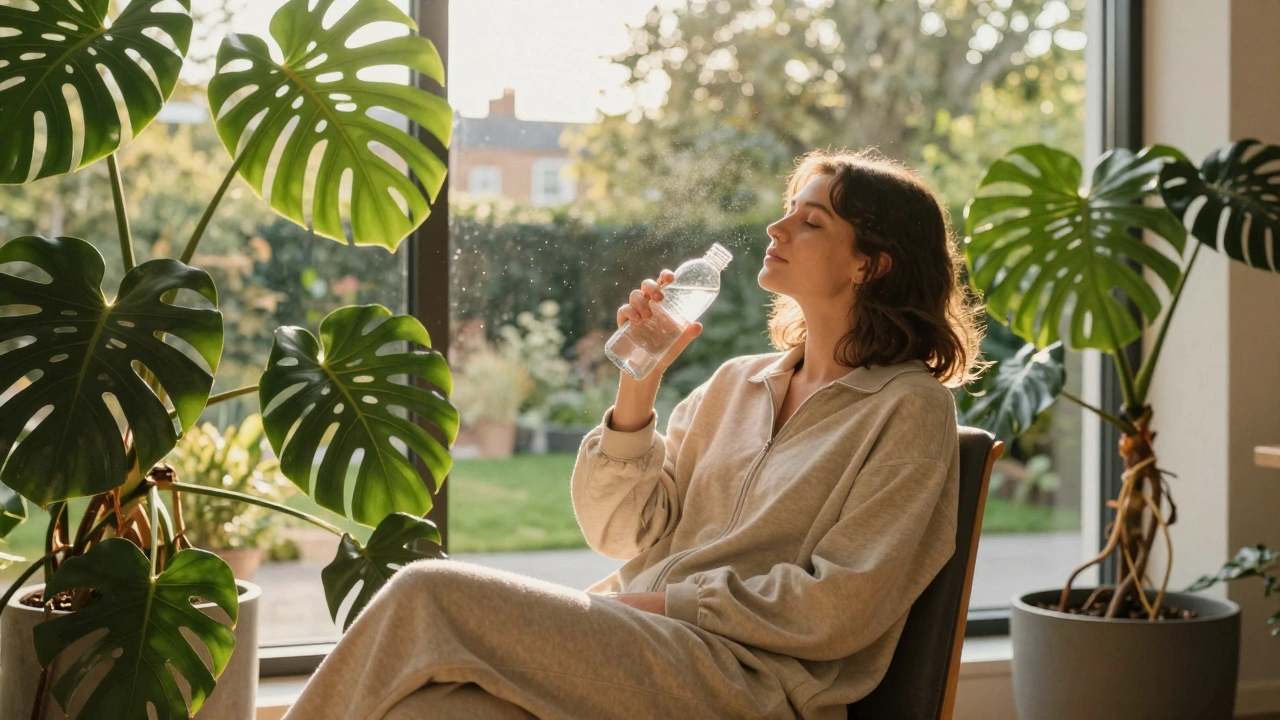 Relaxed person holding water bottle in a plant-filled lounge.