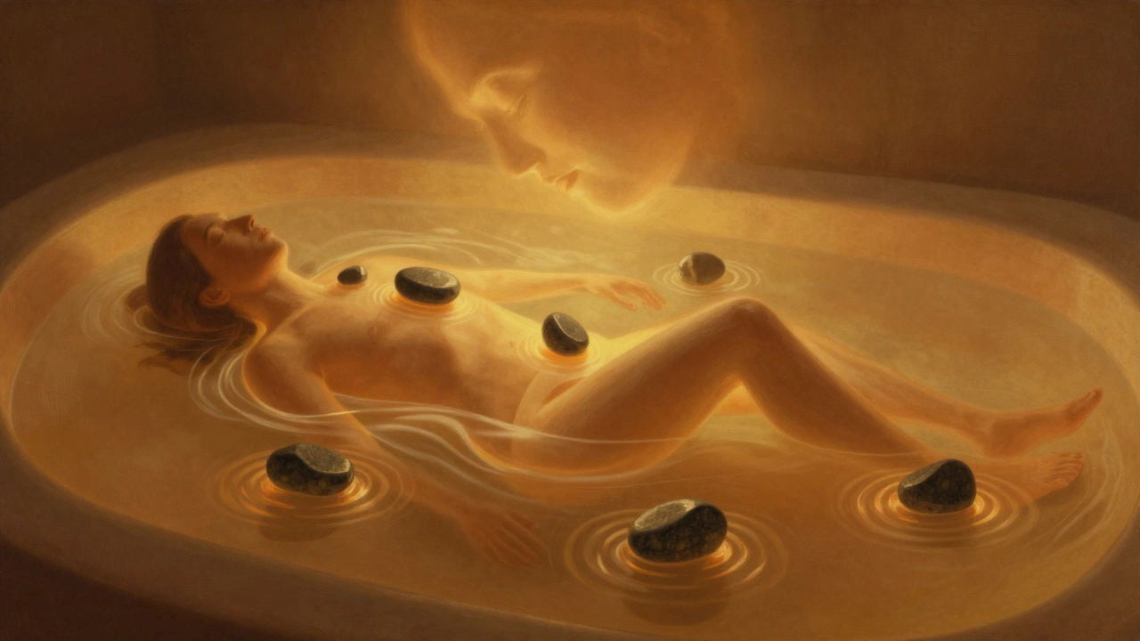 Silhouette bathed in warm light with floating stones along the spine, symbolizing deep muscular release and calm.