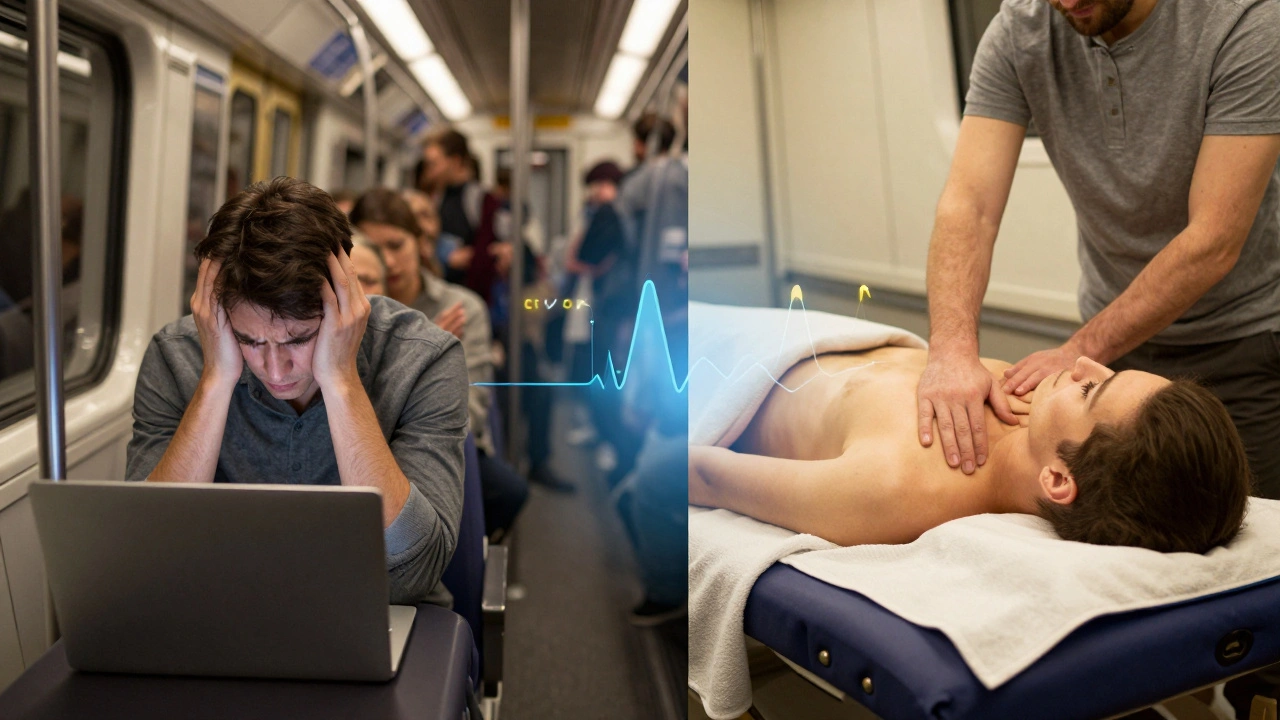 Split image: a stressed London commuter on the left, relaxed after massage on the right, symbolizing stress relief through therapy.
