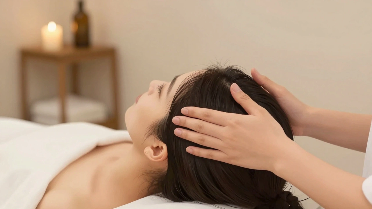 Therapist's hands gently massaging scalp and back of head in quiet wellness studio.