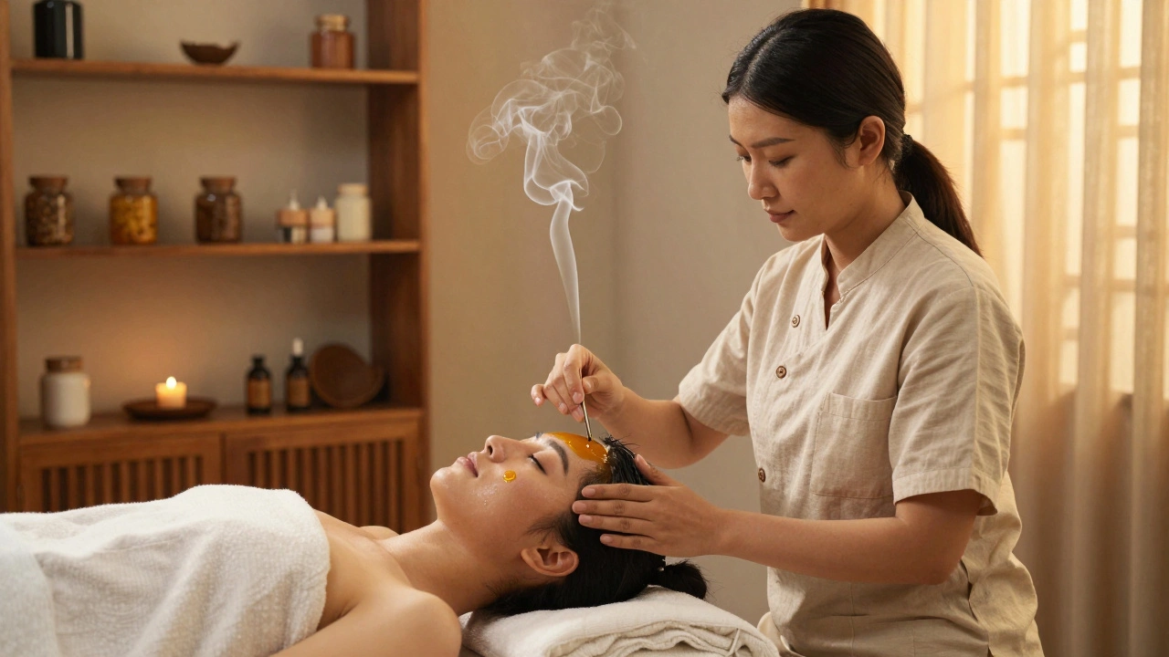 Therapist applying warm oil to a client's scalp in a peaceful Ayurvedic spa setting.