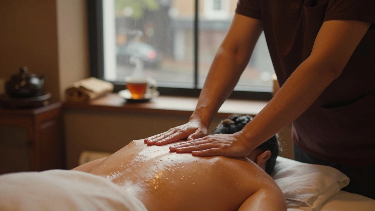Therapist performing a gentle Thai relaxation massage with slow hand movements, oil-glistening skin, and warm ambient lighting.