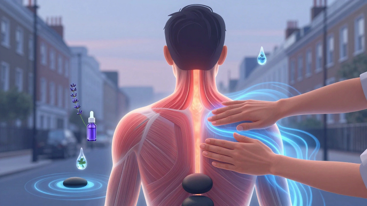 Translucent human body with tension zones glowing red, healing blue energy flowing from hands, surrounded by essential oil droplets and heat ripples.