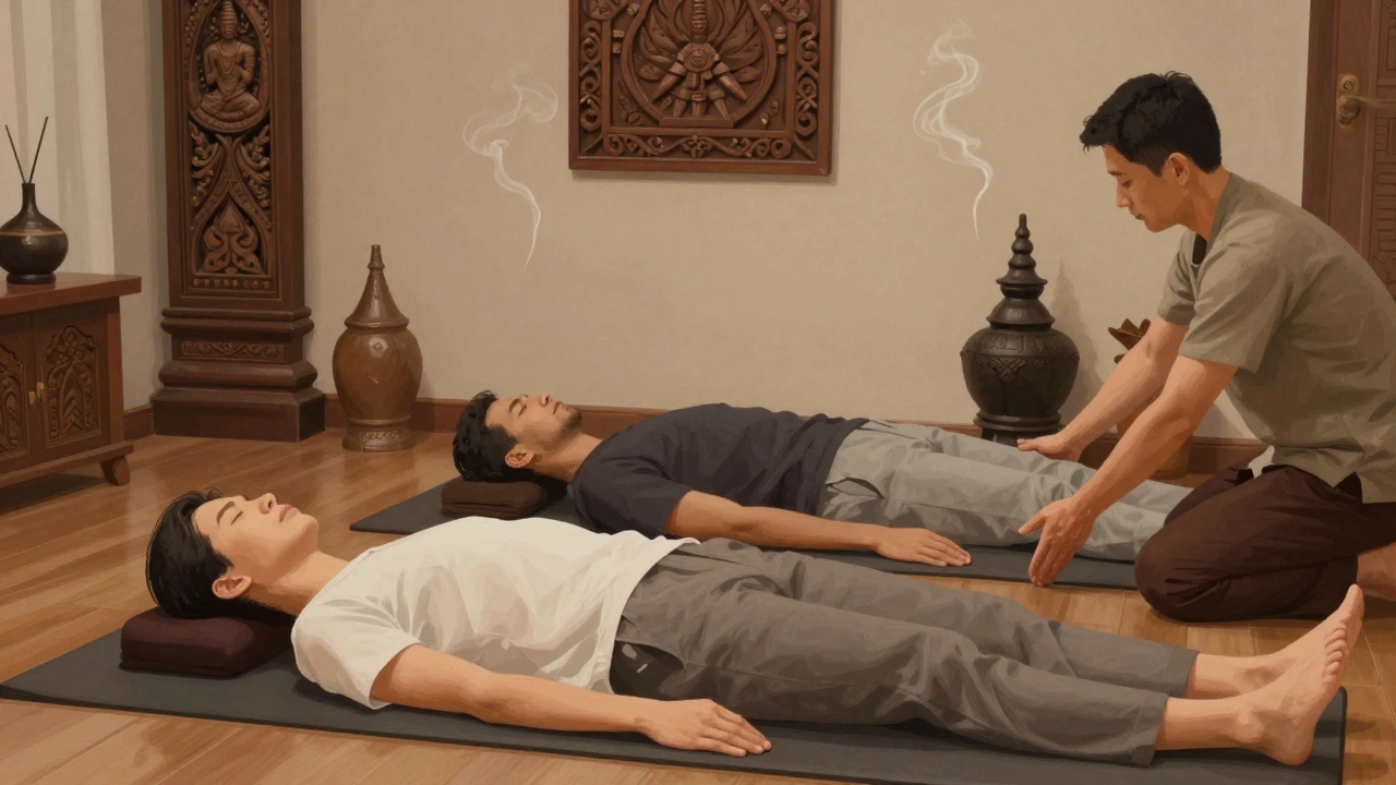 Two people enjoying side-by-side Thai massage sessions with therapists using hands and feet in a peaceful setting.