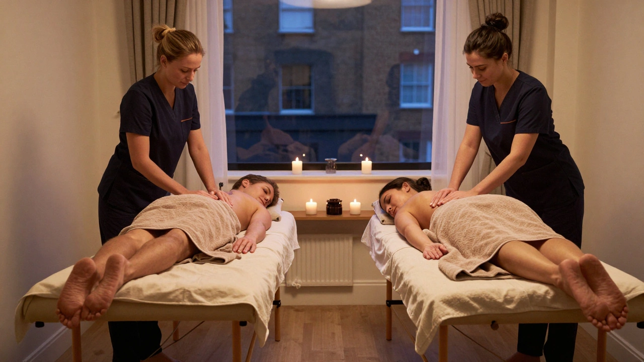 Two therapists giving simultaneous massages to a couple in a London bedroom, with candles and warm towels creating a peaceful atmosphere.