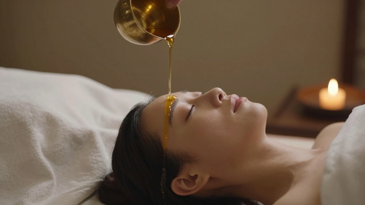 Warm oil flowing gently over a woman's forehead during Shirodhara therapy in a peaceful, candlelit setting.