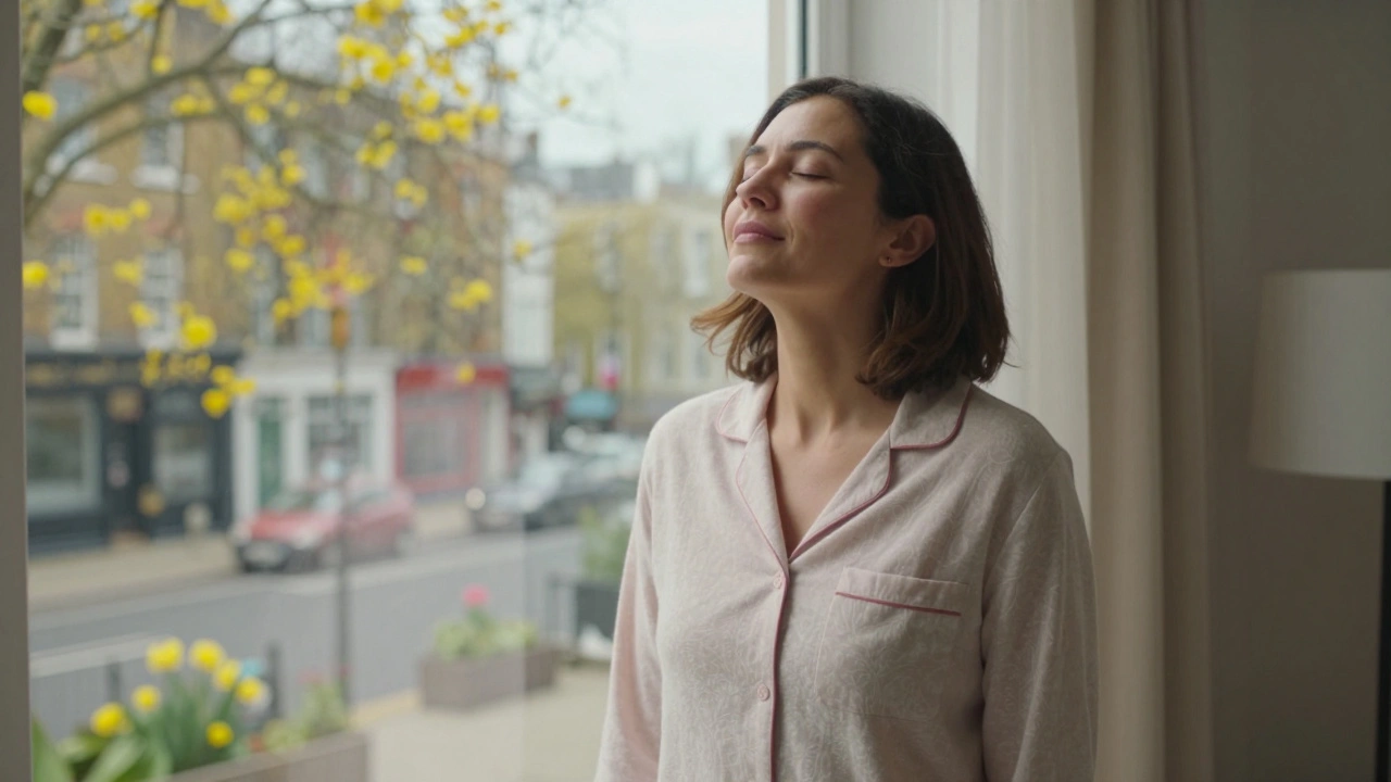 Woman breathing deeply by a window with spring view.